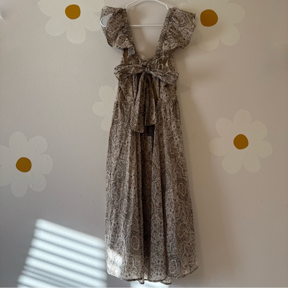 NWT Banana Republic Beige Patterned Tie Open Back Midi Dress with Ruffle Sleeves - Picture 5 of 11